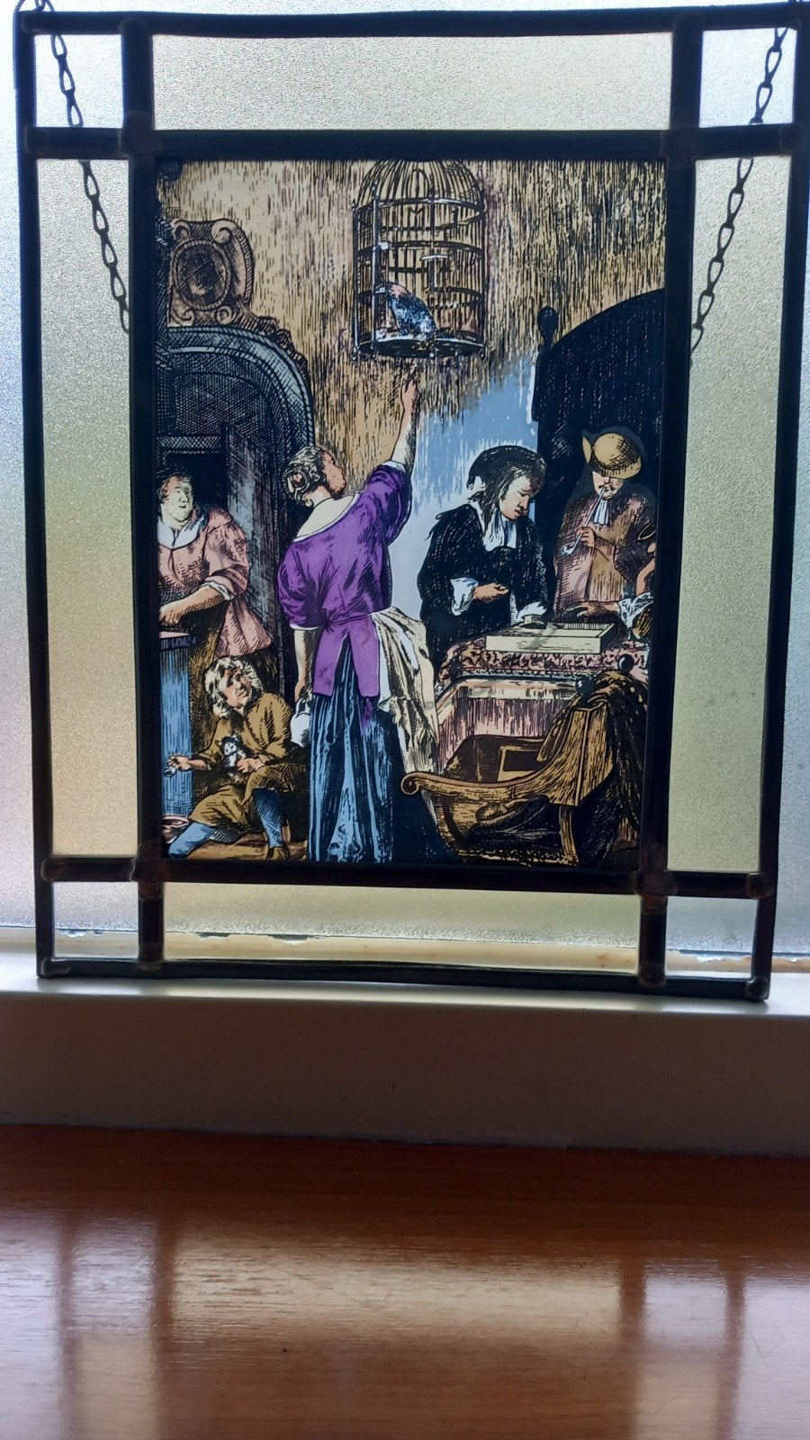 Glas-in-lood paneel met thuistafereel, Ophalen