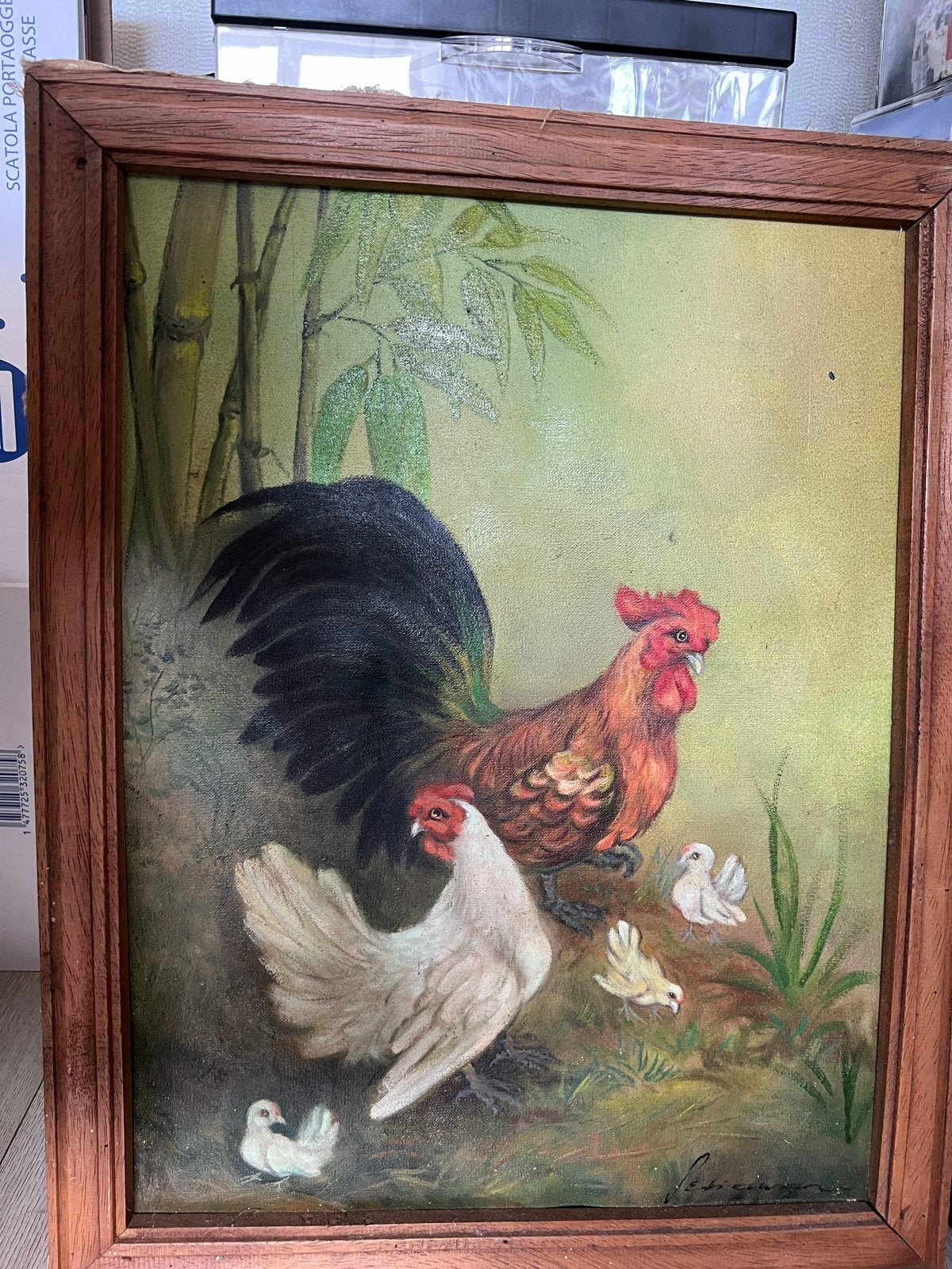 Olieverfschilderij: Haan, kip en kuikens in bamboebos, Ophalen, Doek, Realistisch, Dieren