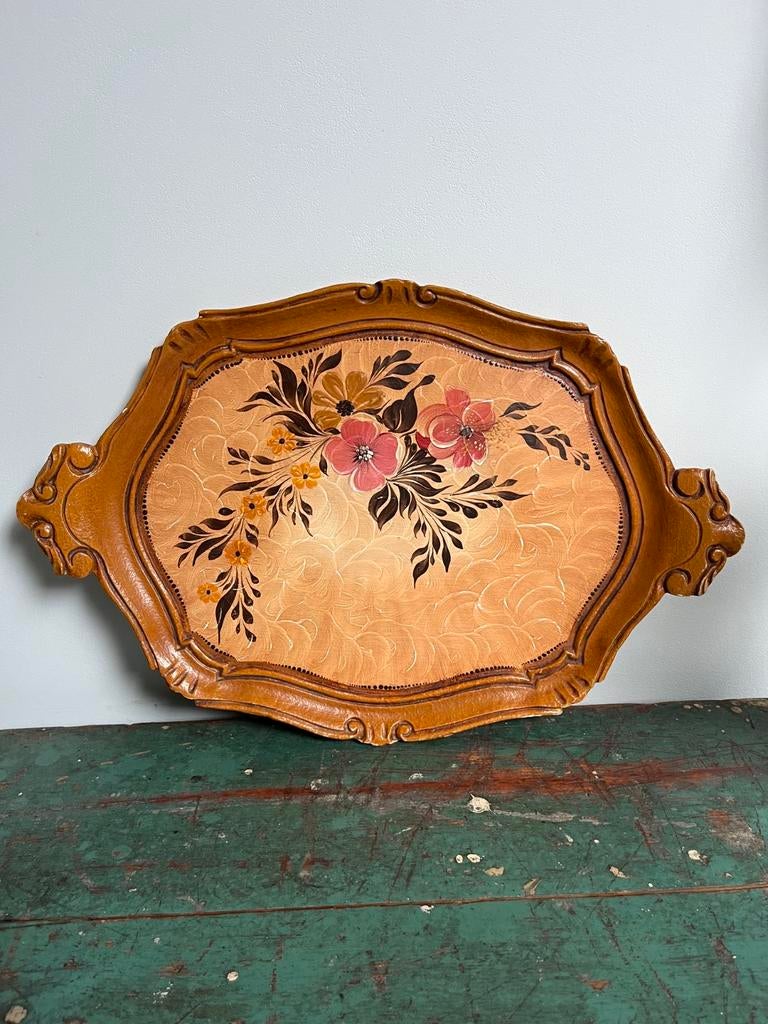 Vintage houten dienblad, bloem beschildering, Ophalen of Verzenden, Hout