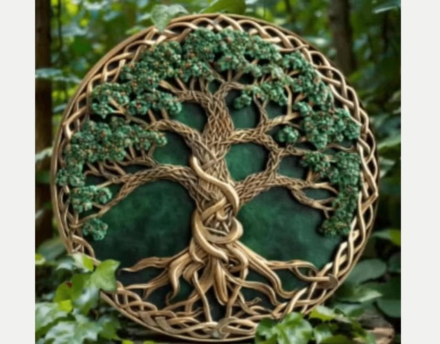 Vintage rond metalen bord Levensboom met knopen (20cm)