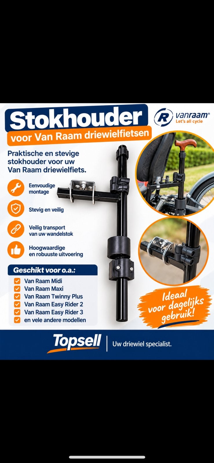 Van Raam stokhouder – voor Midi, Maxi, Esy Rider 2 enz., Elektrische fiets, Overige typen, Staal, Ophalen of Verzenden