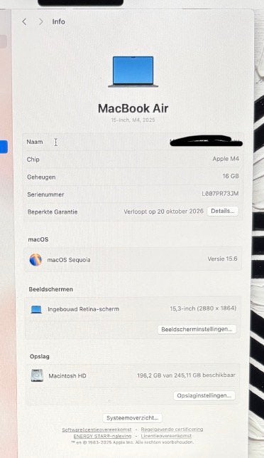 APPLE MacBook Air 15 inch - M4 - 16 GB - 256 GB - Midnight, Computers en Software, Ophalen of Verzenden, Zo goed als nieuw, 15 inch