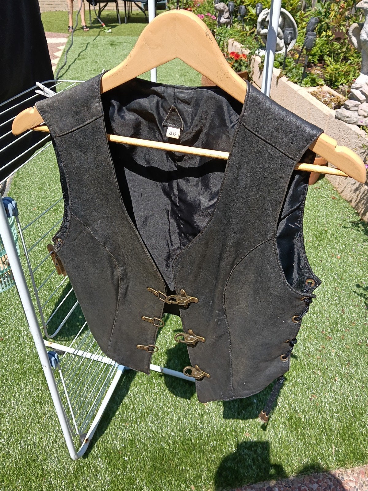 Vintage Leren Vest Zwart Maat 38 met Gespen, Zwart, Onbekend, Gedragen, Ophalen
