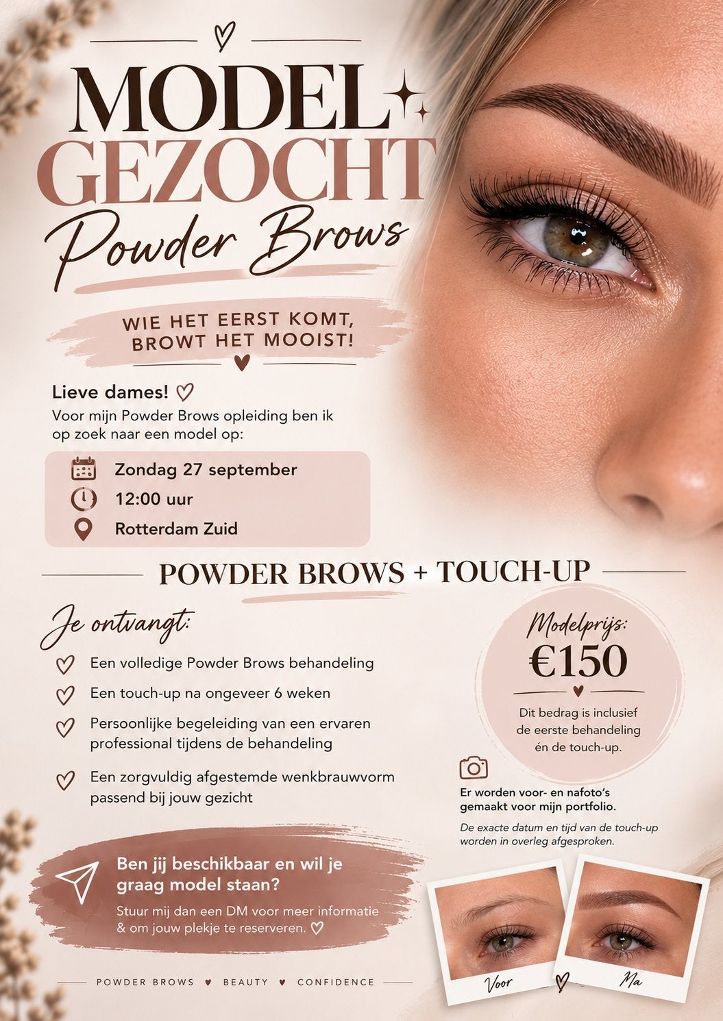 Model voor Powder brows gezocht!, Ophalen of Verzenden, Nieuw, Make-up