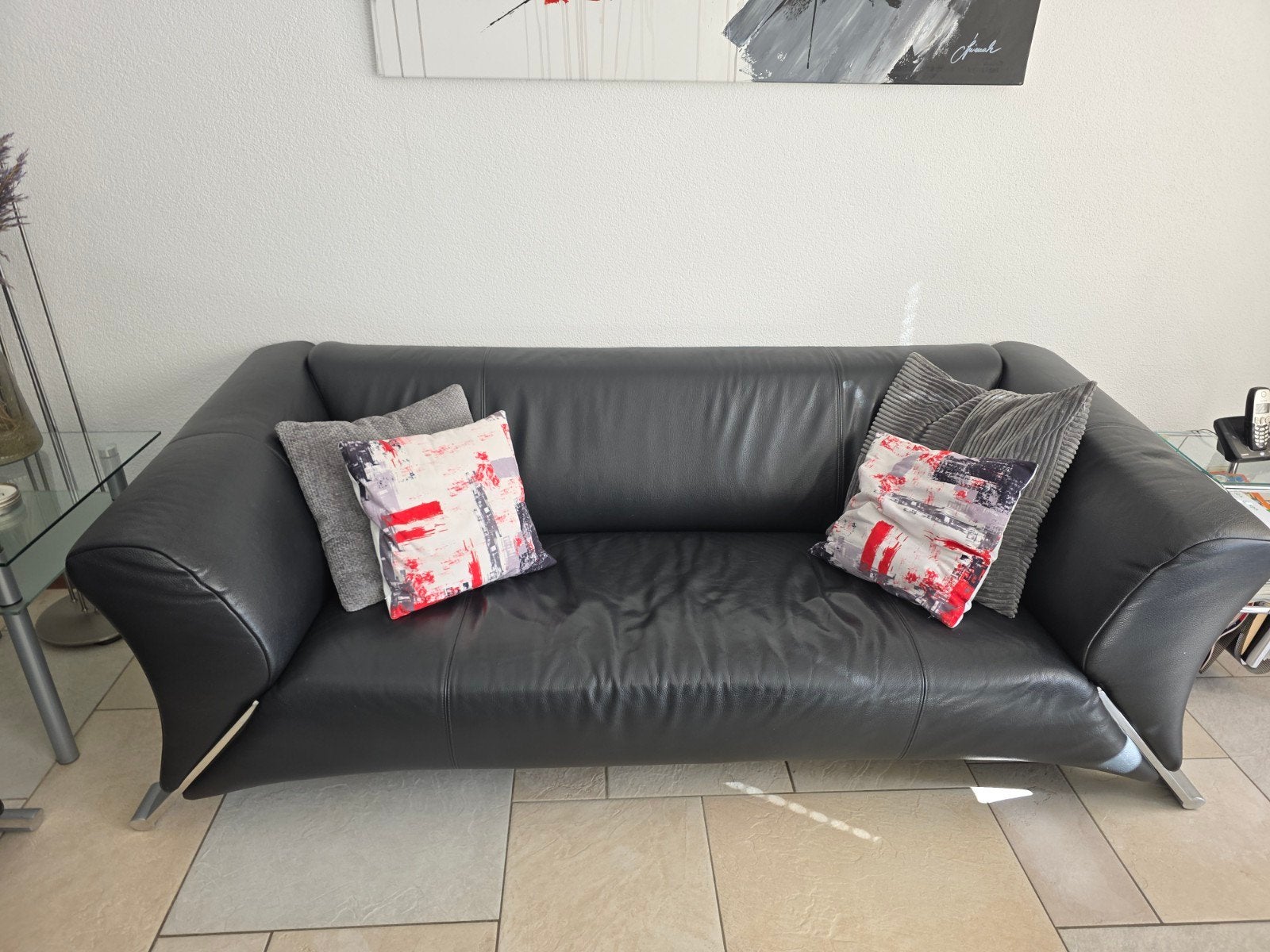 Rolf benz 322, zwart leer, Ophalen, Gebruikt, Driepersoons, Rechte bank