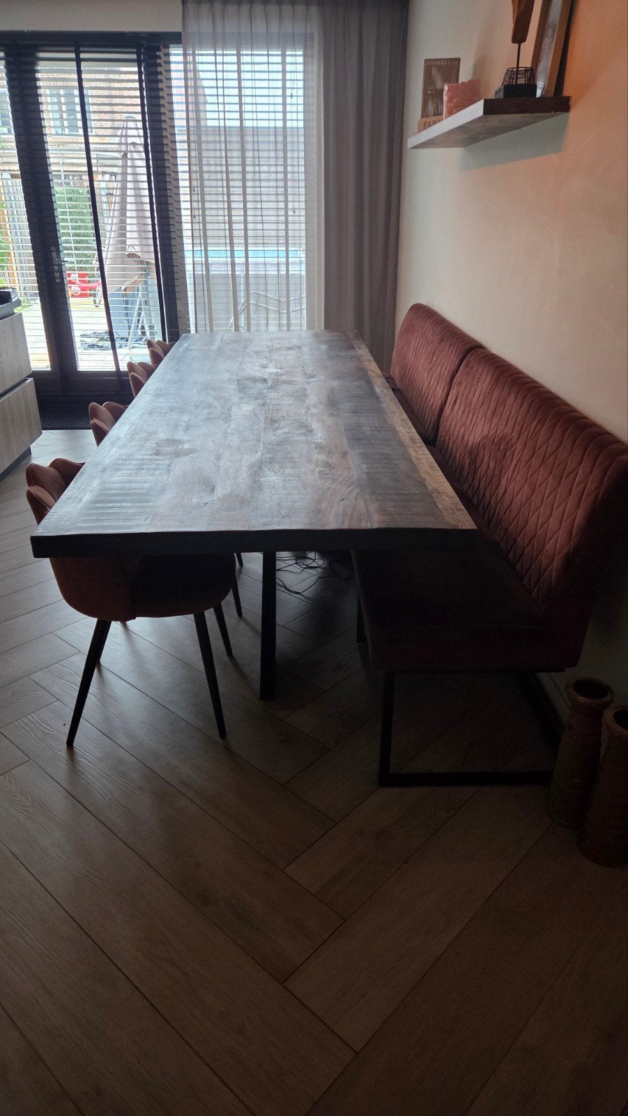 Eiken eettafel (3m) met spinpoot en 2 Zitmaxx bankjes, Huis en Inrichting, Ophalen, Gebruikt, 200 cm of meer, 50 tot 100 cm