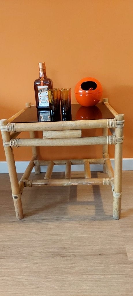 Vintage Rotan Bijzettafel tafel Rookglas • Retro / Japandi, Eu, Vierkant, Vintage Retro, Zo goed als nieuw
