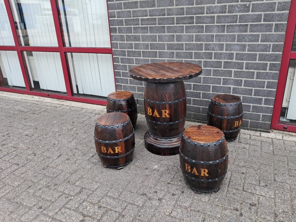 Authentieke bartafel set met 4 barkrukken tonnen, Ophalen, 60 tot 90 cm, Zo goed als nieuw, 4 krukken