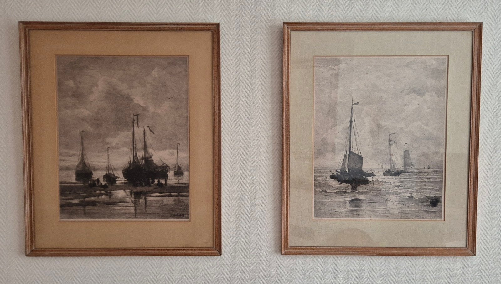 Twee etsen van H.W. Mesdag - maritieme scènes, Antiek en Kunst, Ophalen, 1800 - 1899, Ets, Ingelijst