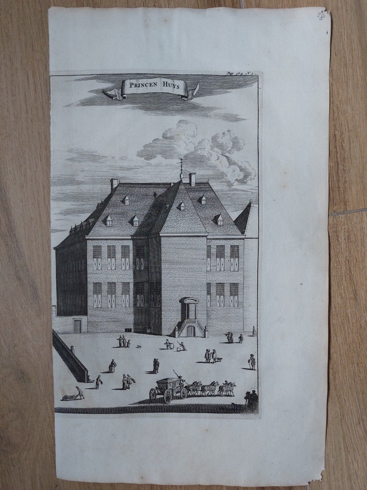 1b Princen Huys te Vlissingen Originele gravure uit 1696, Stadsgezicht, Blanco verso, Gravure, 34 cm