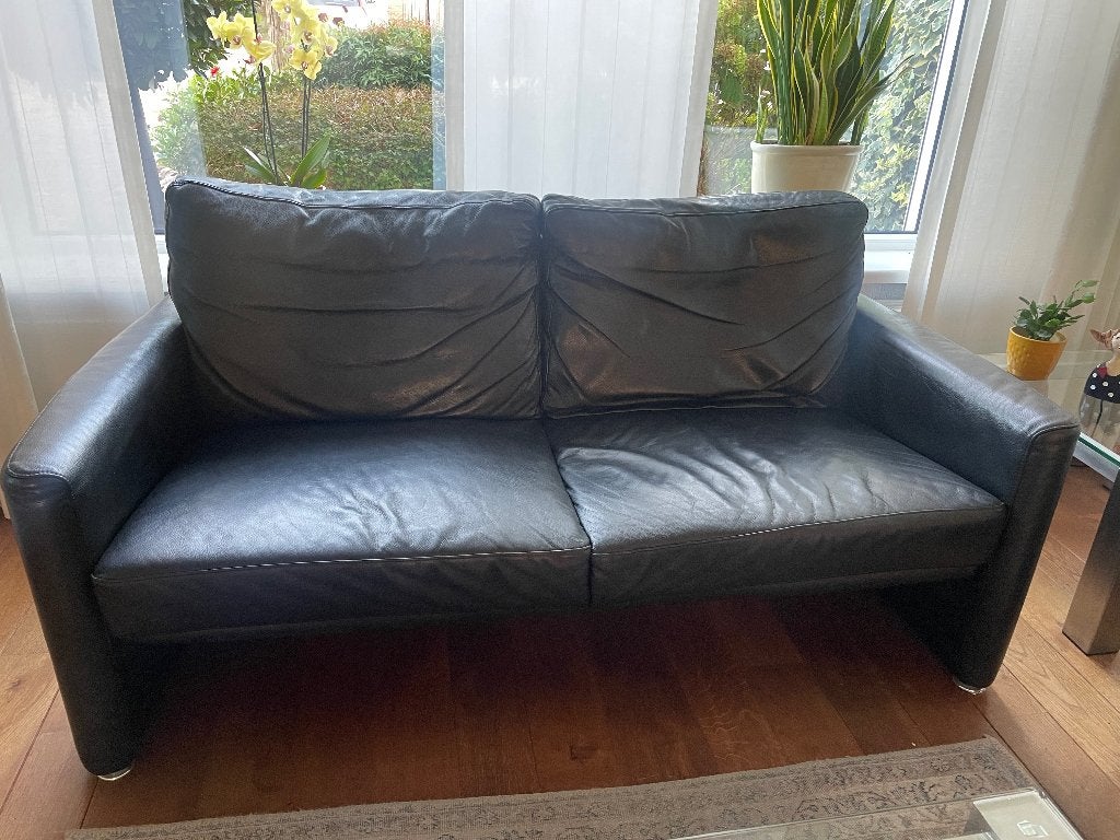 Zwarte leren bank Galena, Ophalen, Gebruikt, 150 tot 200 cm, Driepersoons