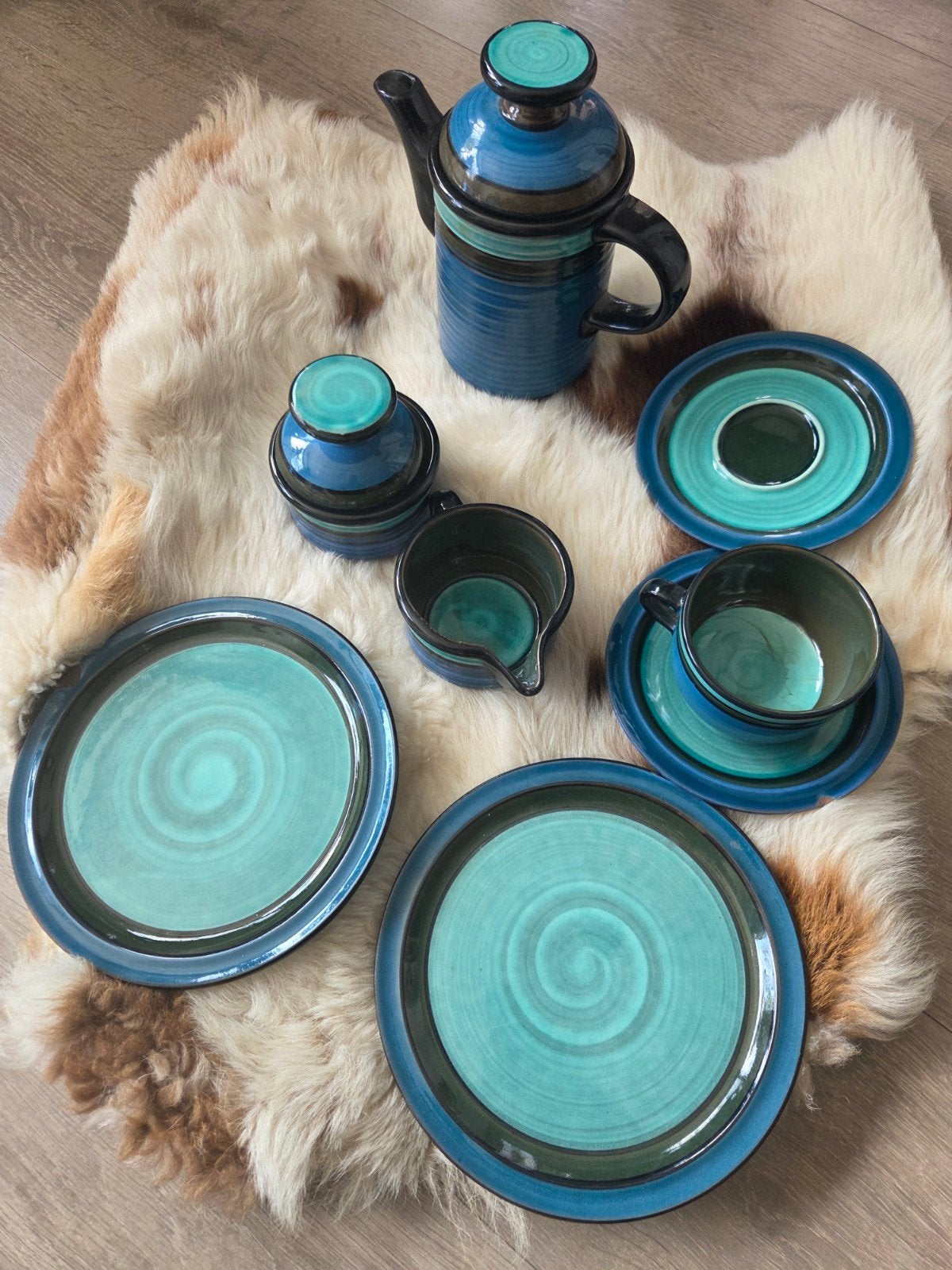 Vintage Waku W-Germany servies - Blauw/Groen, Ophalen of Verzenden