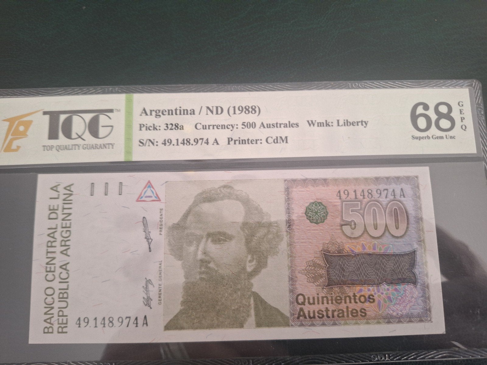 Argentinië 500 Australes 1988 TQG 68 Superb Gem UNC, Postzegels en Munten, Bankbiljetten | Amerika, Ophalen of Verzenden