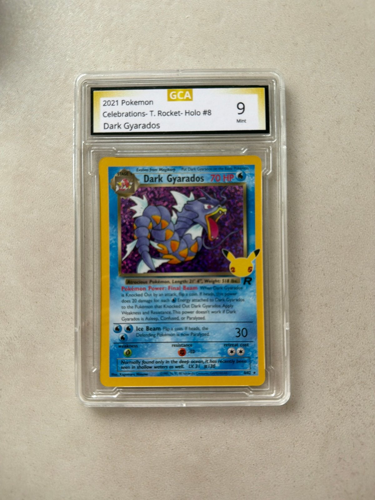 Pokémon Dark Gyarados Holo #8 GCA 9 Mint Celebrations, Hobby en Vrije tijd, Ophalen of Verzenden, Zo goed als nieuw, Losse kaart