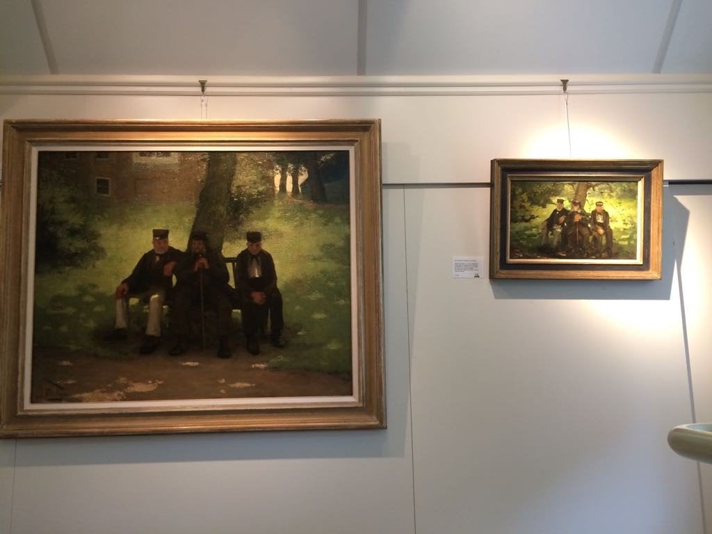 Olieverfschilderij: Drie mannen op een bankje onder een boom, Ophalen of Verzenden