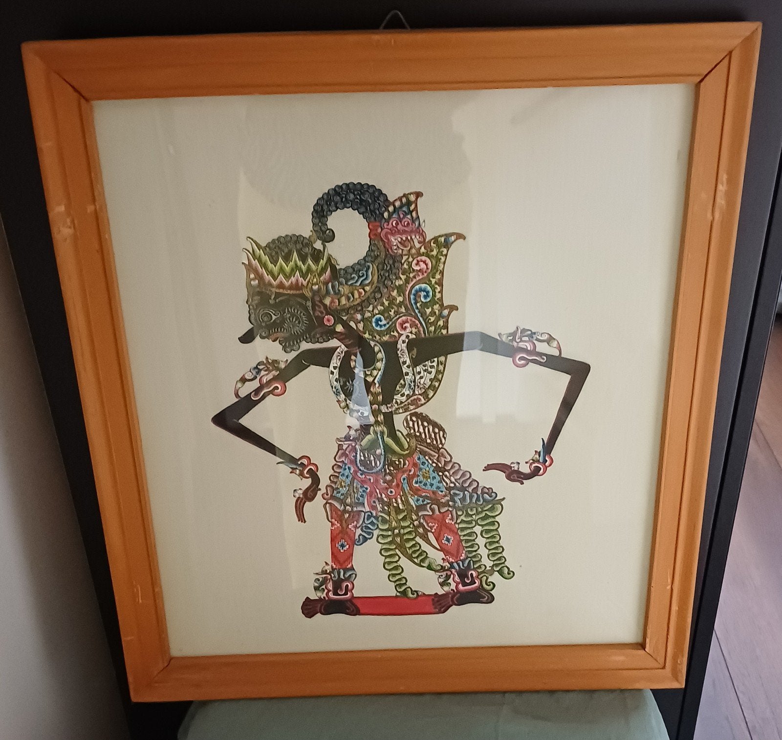 Ingelijste Wayang Kulit pop - Indonesische schaduwpop, Ophalen, Handgemaakt, Natuurlijk materiaal, Indonesië