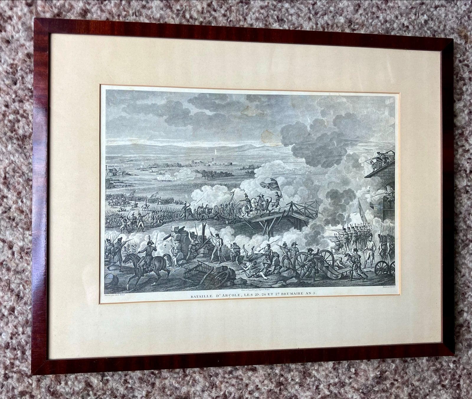 Antieke Gravure: Slag bij Arcole (1796), Ophalen, Ingelijst, Militair, Gravure