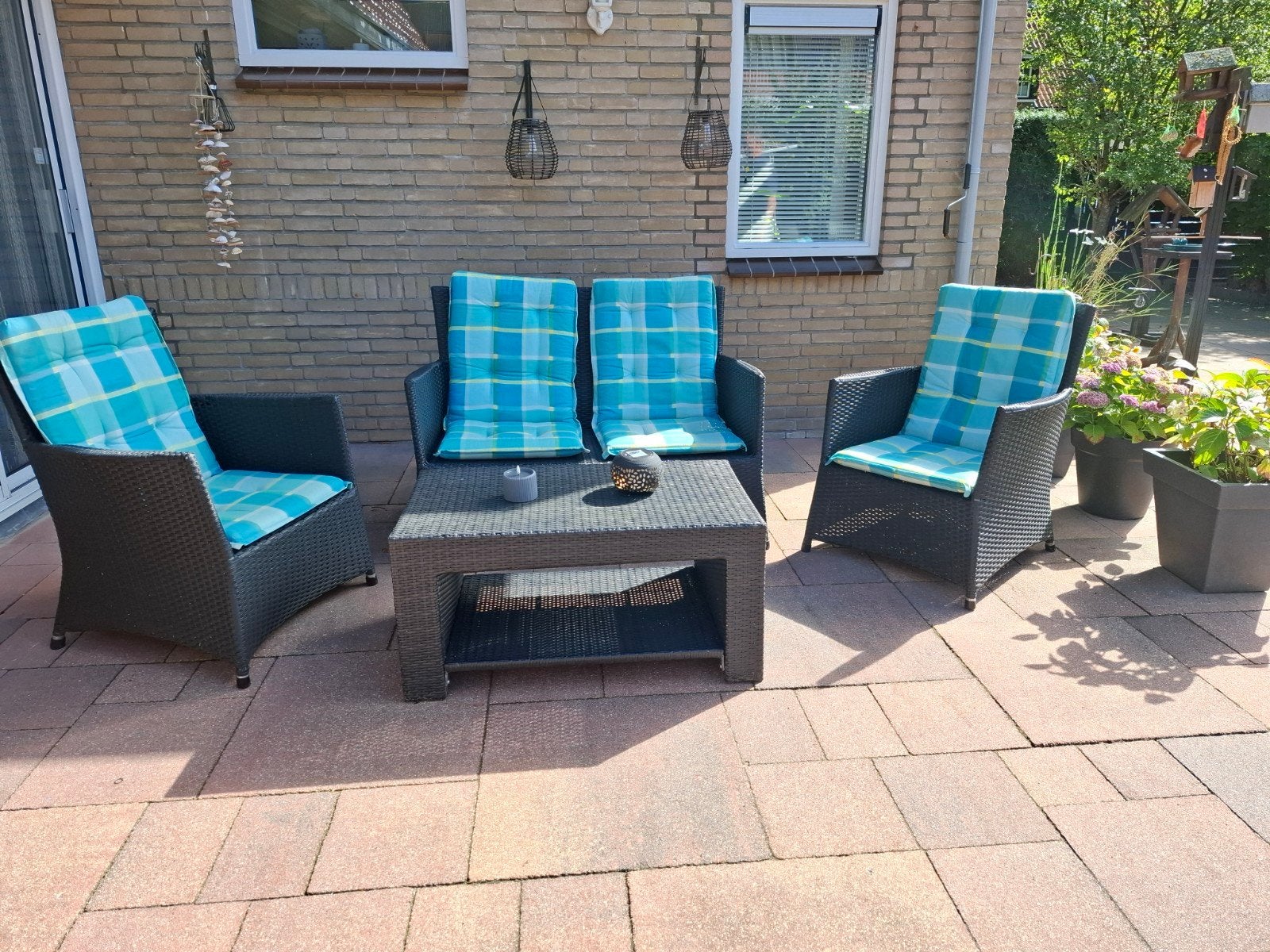 Zwart tuinset met kussens, Tuin en Terras, Tuinsets en Loungesets, Ophalen, 4 zitplaatsen, Gebruikt, Bank