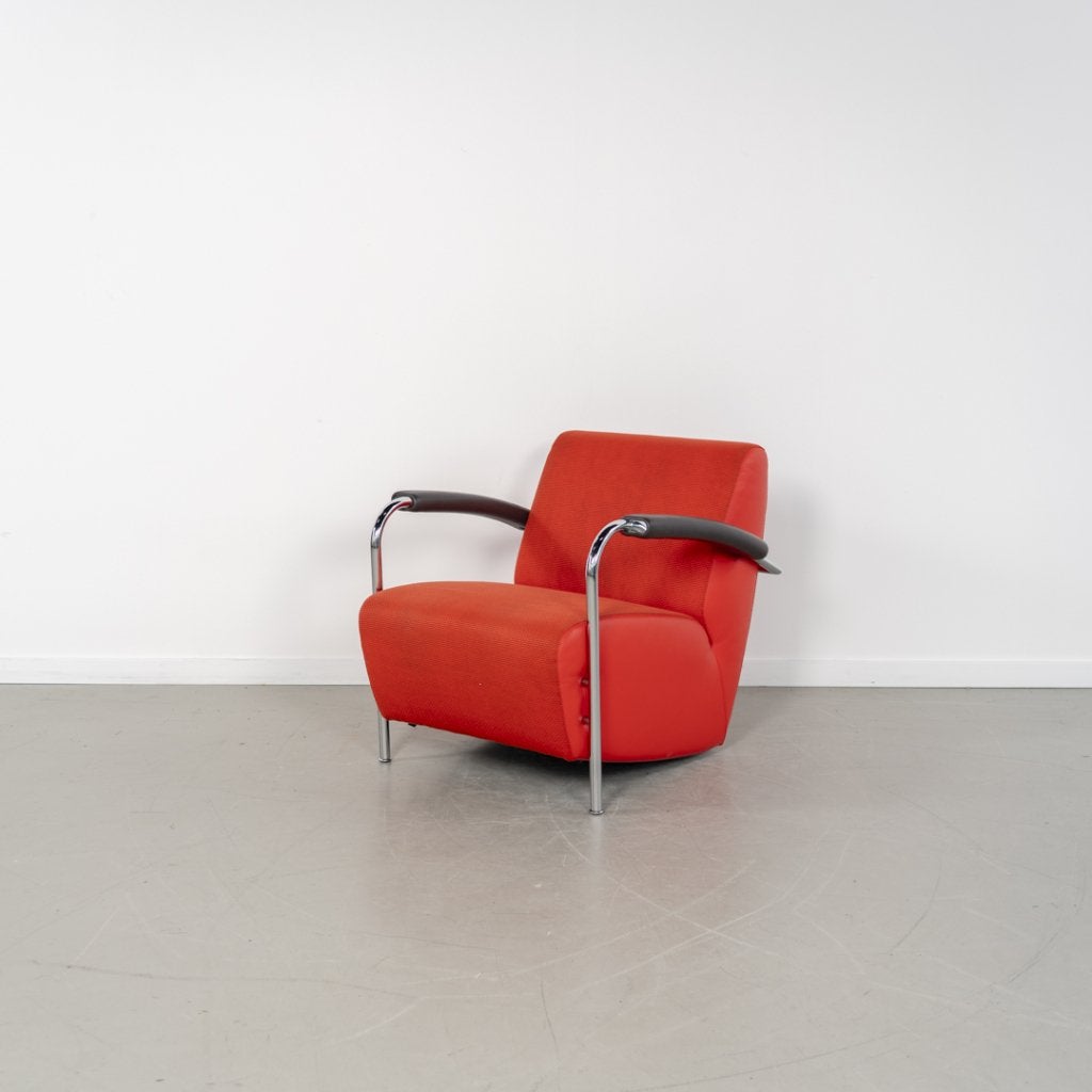 4x Leolux Scylla Fauteuil Laag Oranje Stof/Leer - Chroom, Niet ingevuld, Leer, Niet ingevuld, 75 tot 100 cm