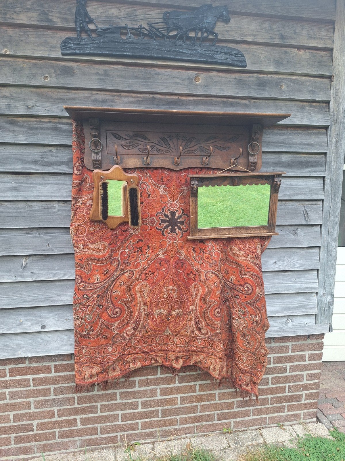 antieke wand kapstok met bijbehorende spiegel, Ophalen of Verzenden