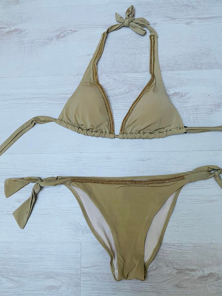 Emporio Armani bikini beige met gouden rand maat S, Ophalen of Verzenden, Zo goed als nieuw, Beige, Bikini