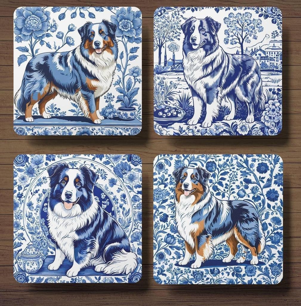 Australian Shepherd Delfts Blauw onderzetters met houder, Ophalen of Verzenden, Nieuw