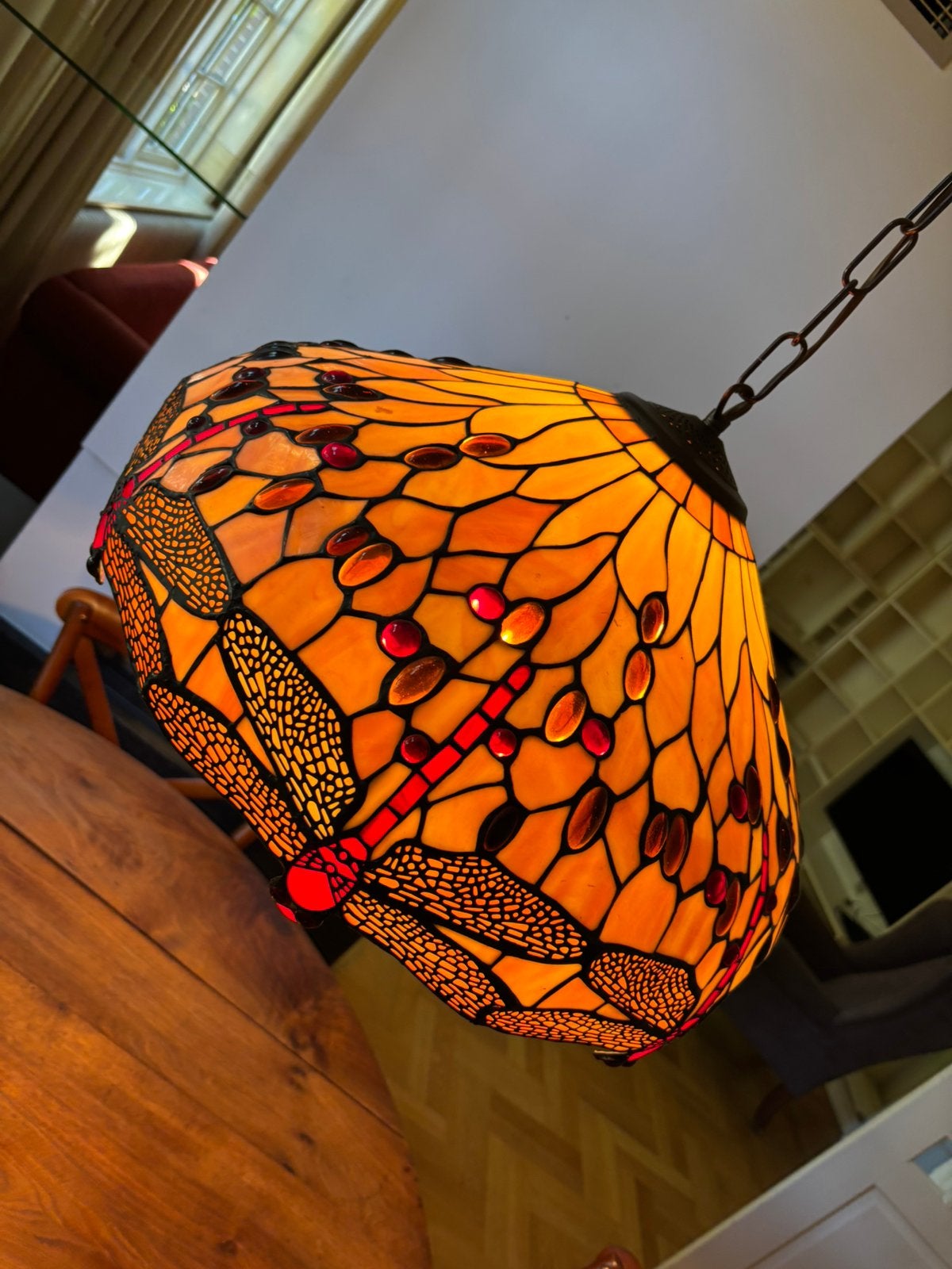 Tiffany Hanglamp libelle ø48/50 dragonfly antiek klassiek, Gebruikt, Klassiek design, Ophalen of Verzenden, .