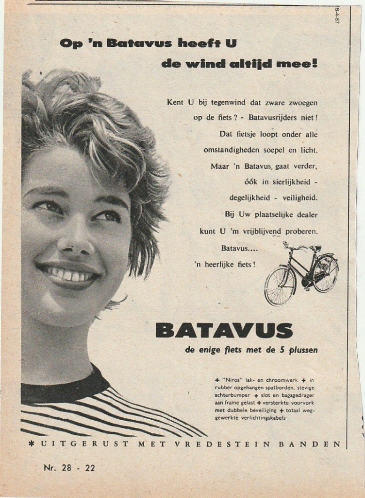 Retro reclame 1959 Batavus fiets met de 5 punten, Verzenden, Overige typen