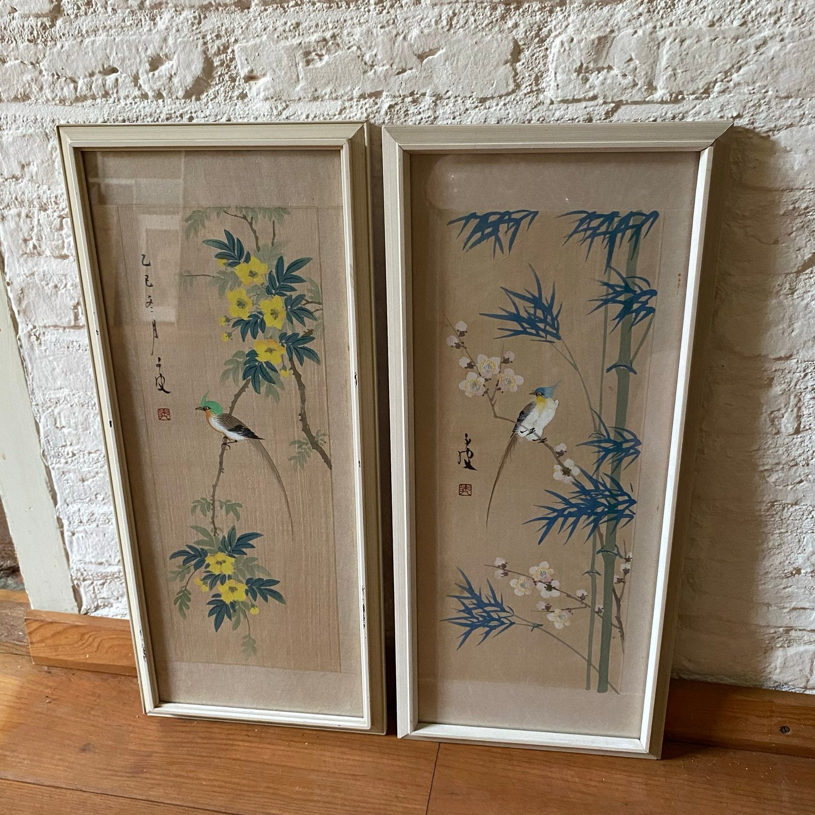 Set van 2 Japanse schilderijen met vogels en bloesem, Ophalen, Schilderij, Papier/karton, Japan