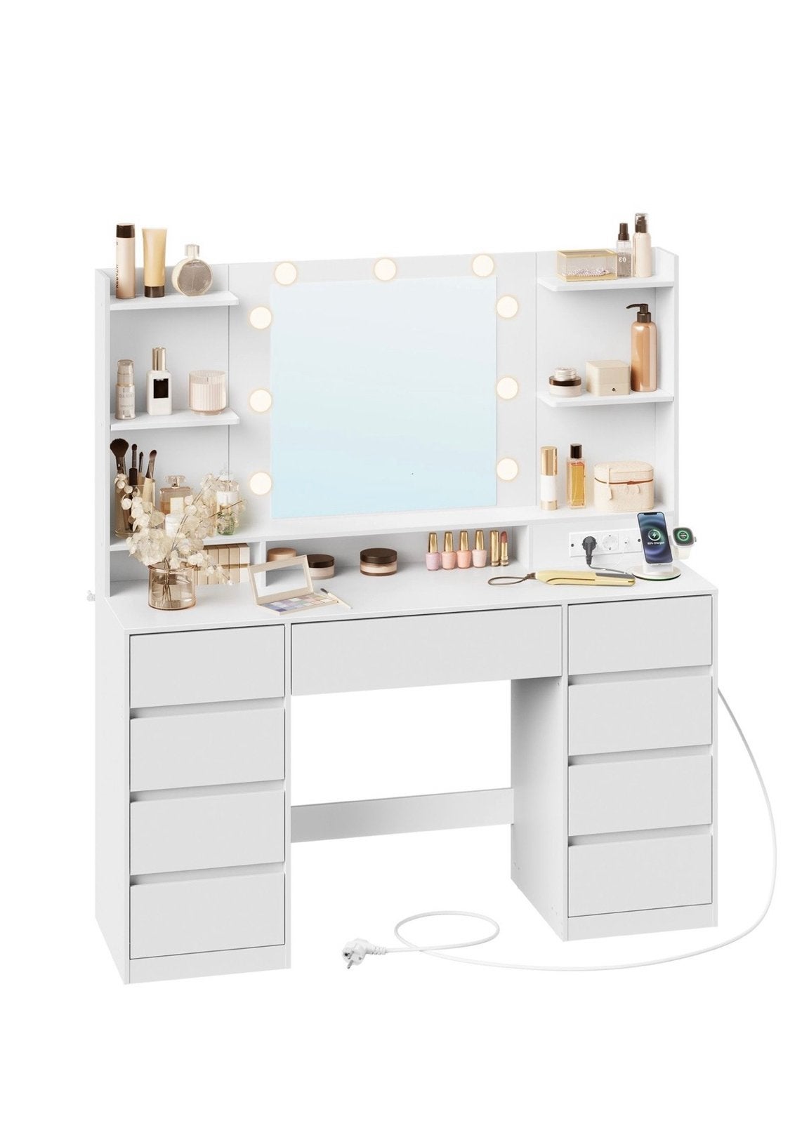 Witte make-up tafel met spiegel en verlichting, Ophalen, Gebruikt, Hout, 100 tot 150 cm