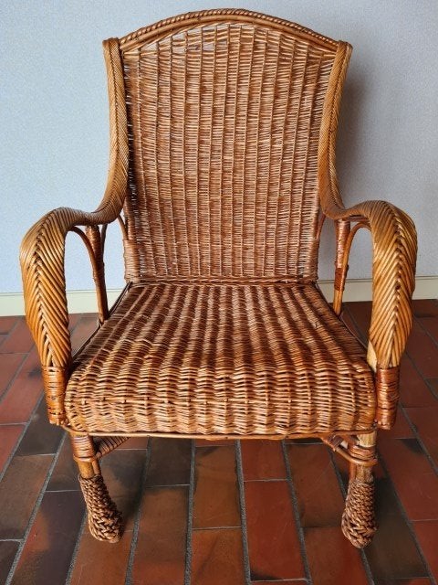 Stoel riet met losse hoes, Ophalen, Bruin, Riet of Rotan, Zo goed als nieuw