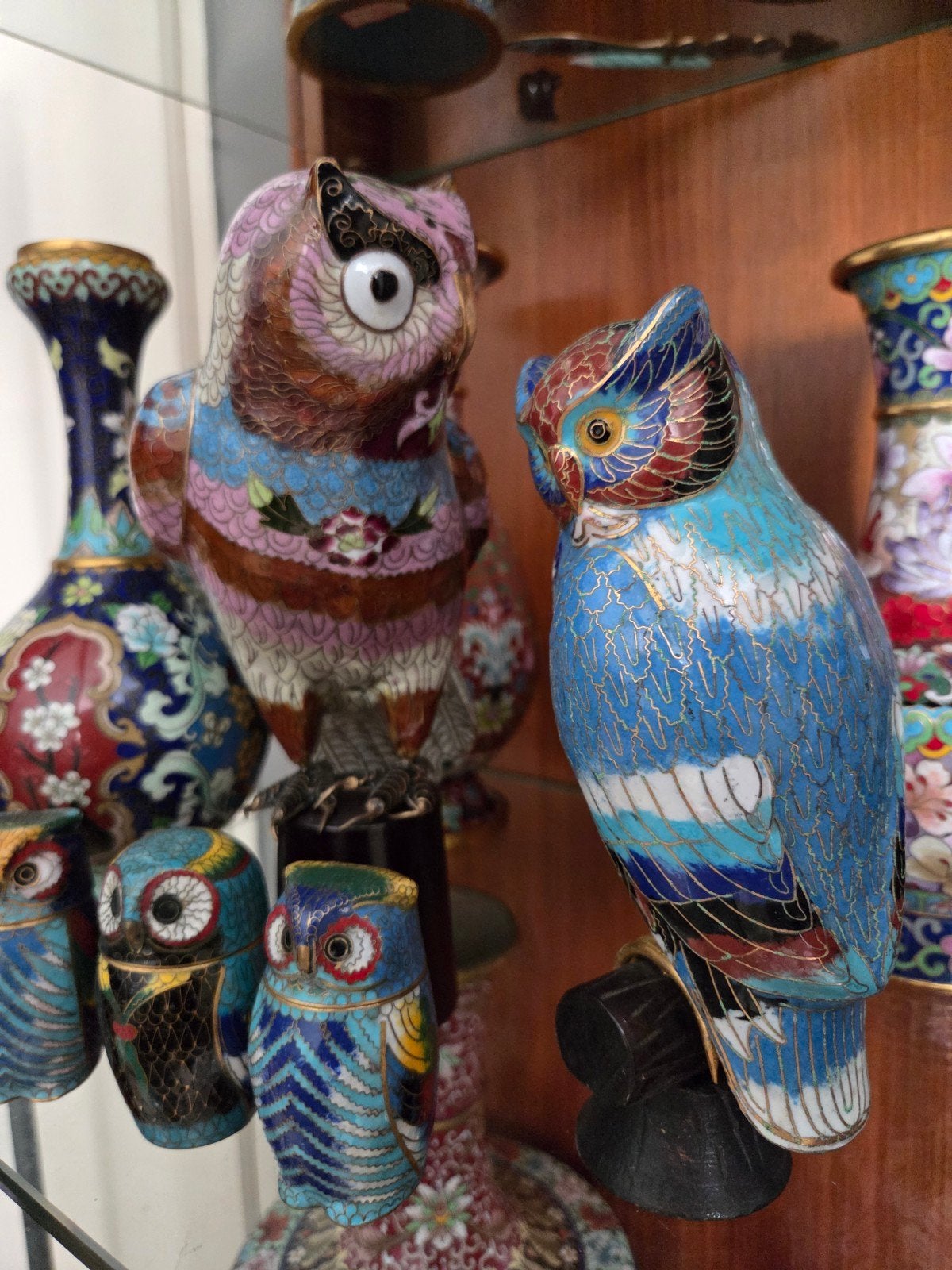 Set van Cloisonné Uilen: Decoratieve Kunstobjecten, Ophalen of Verzenden