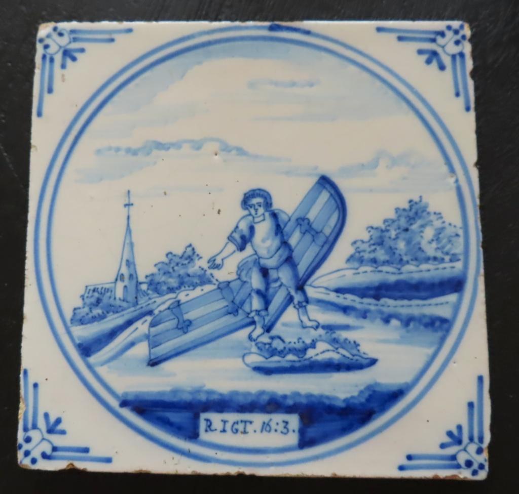 Antieke tegel uit 1880/ Simson met de deuren van Gaza, incl, Antiek en Kunst, Verzenden