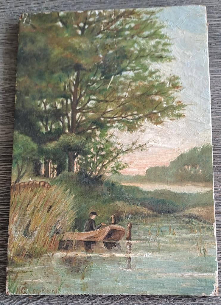 Landschap schilderijtje op paneeltje, Antiek en Kunst, Kunst | Schilderijen | Klassiek, Ophalen of Verzenden
