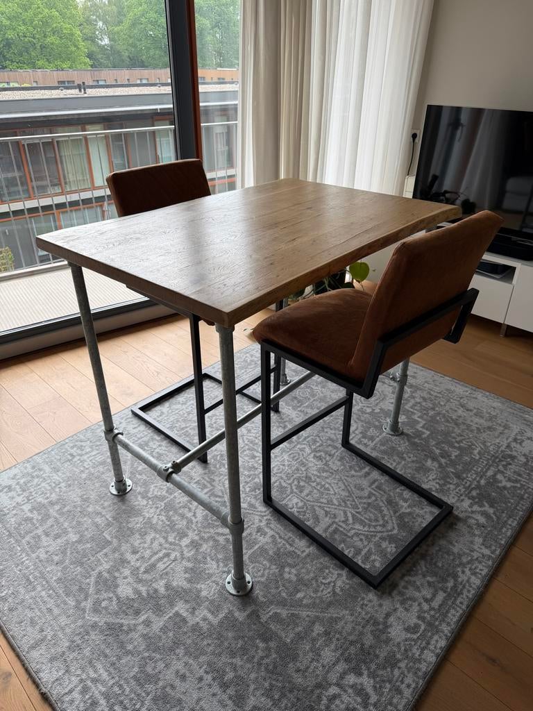 Bartafel met stoelen - Eikenhout & Steigerbuis, Ophalen, Gebruikt, 100 tot 150 cm, Eikenhout