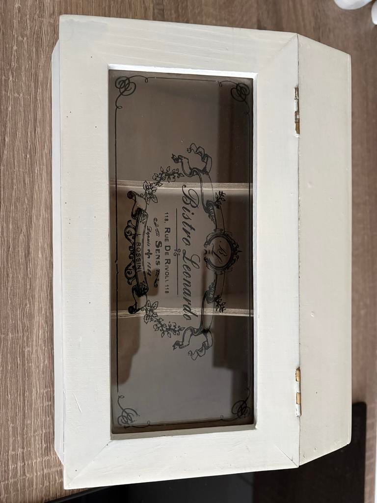 Houten theedoos met 3 vakken en glazen deksel, Gebruikt, Ophalen of Verzenden, Wit, Vintage