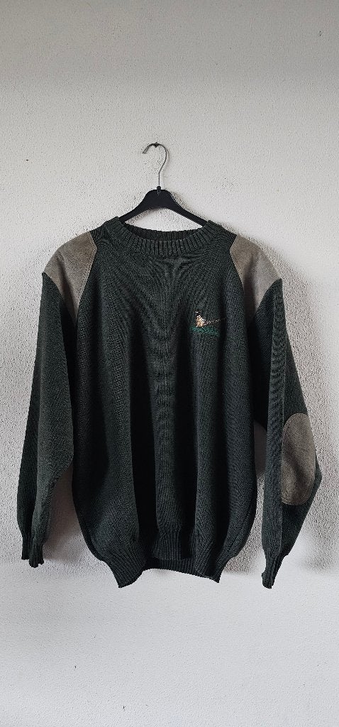 Vintage Groene Trui met Suède Patches - Maat 46/48 (XL), Niffle, Maat 46/48 (XL) of groter, Ophalen of Verzenden, Gedragen