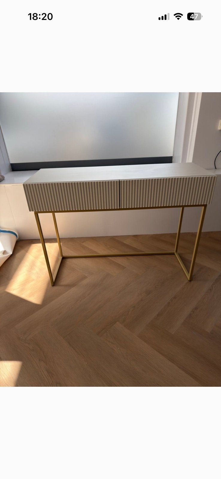 Console / kap tafel met lades en goud onderstel, Ophalen, 100 tot 150 cm, Zo goed als nieuw, 25 tot 50 cm