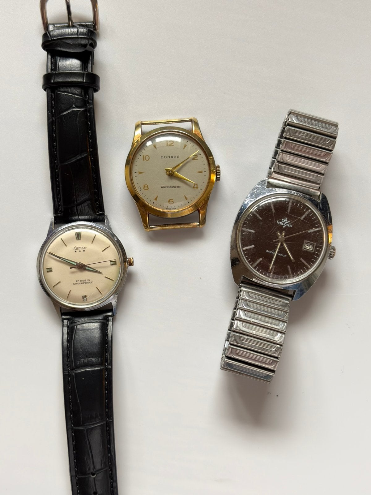 3 vintage herenhorloges – L’ancre, Velona & Donada – Werkend, Overige merken, Staal, Polshorloge, 1930 tot 1960