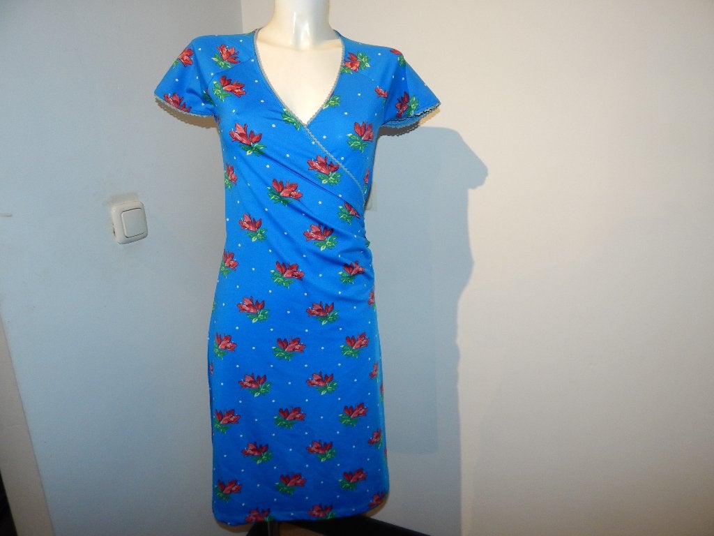 King Louie fel blauwe stretch jurk bloemen stippen S