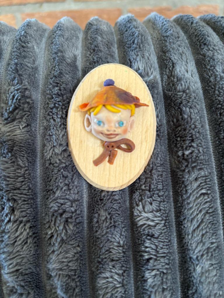 Vintage Broche Jongenshoofd Hout en Klei, Ophalen, Gebruikt