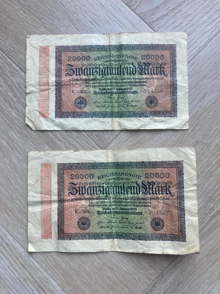 2x Briefgeld duitsland twanzigtauzend Mark, Ophalen of Verzenden, Buitenland, Bankbiljetten