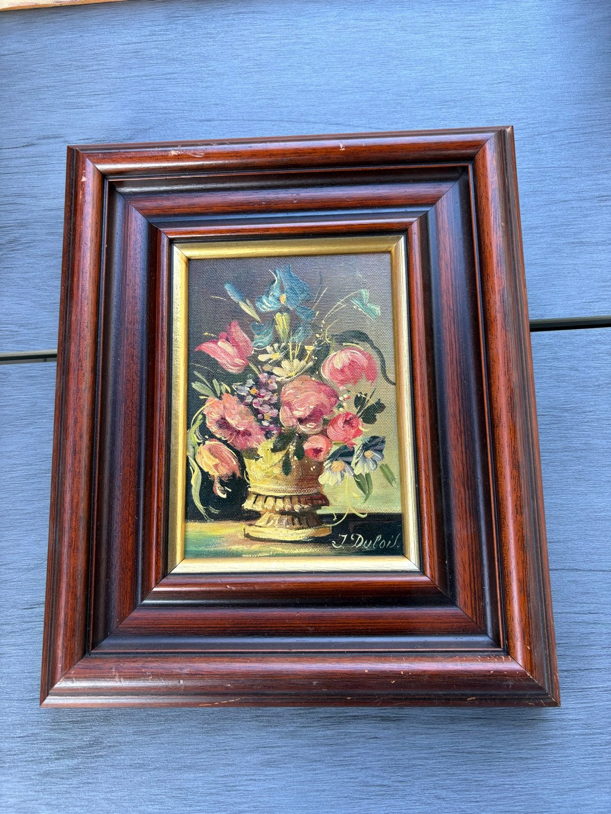 Schilderij: Bloemen in Vaas - Gesigneerd J. Dulail, Bloemen, Doek, Ophalen of Verzenden, Gesigneerd