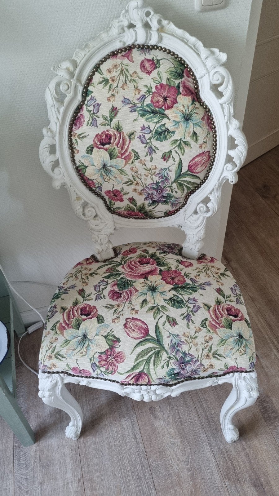 Vintage biedermeier stoel met bloemenprint - Wit en kleurri, Ophalen