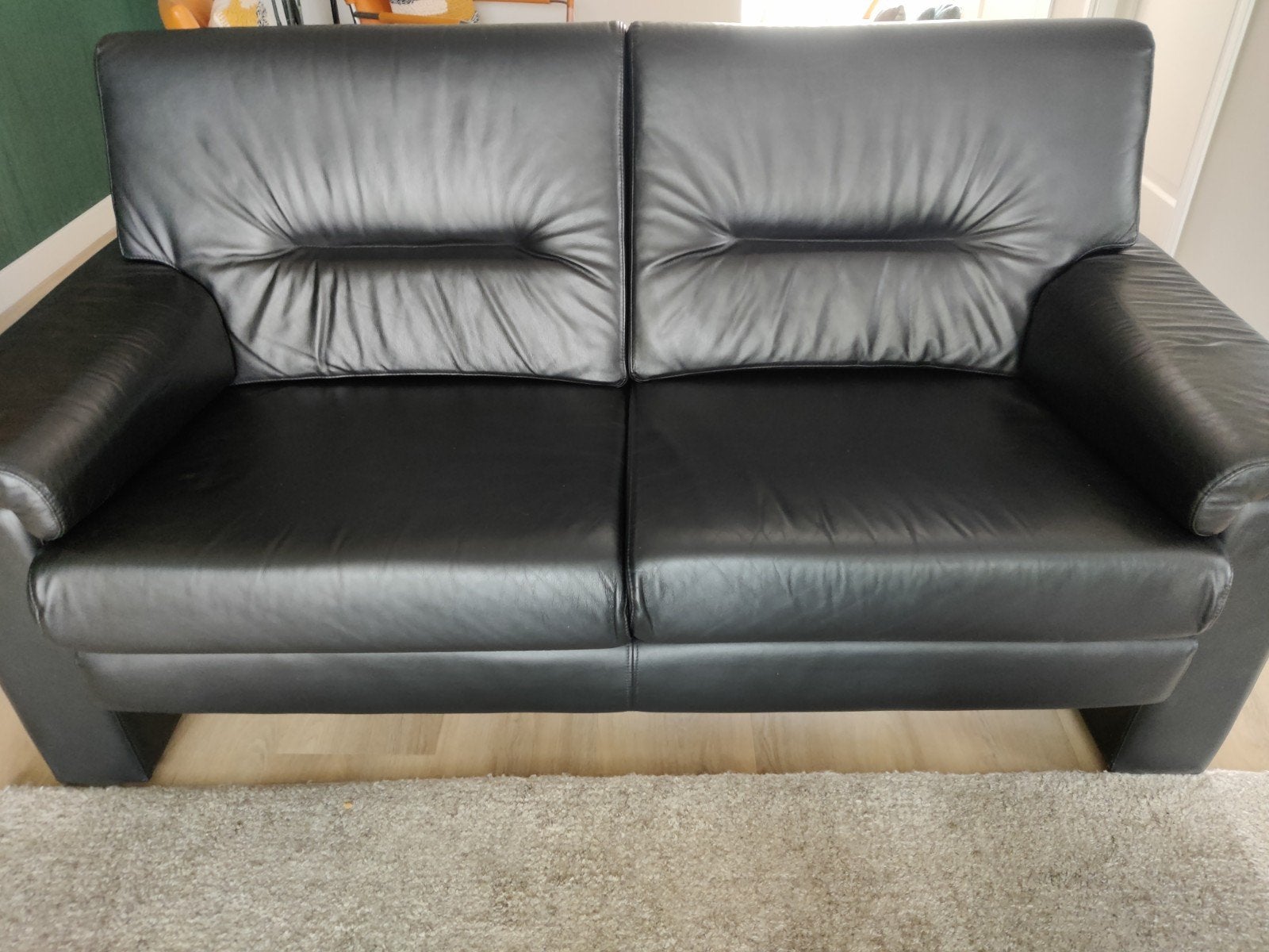 Zwarte leren tweezitsbank - 170 cm breed, Ophalen, Gebruikt, Minder dan 75 cm, 150 tot 200 cm