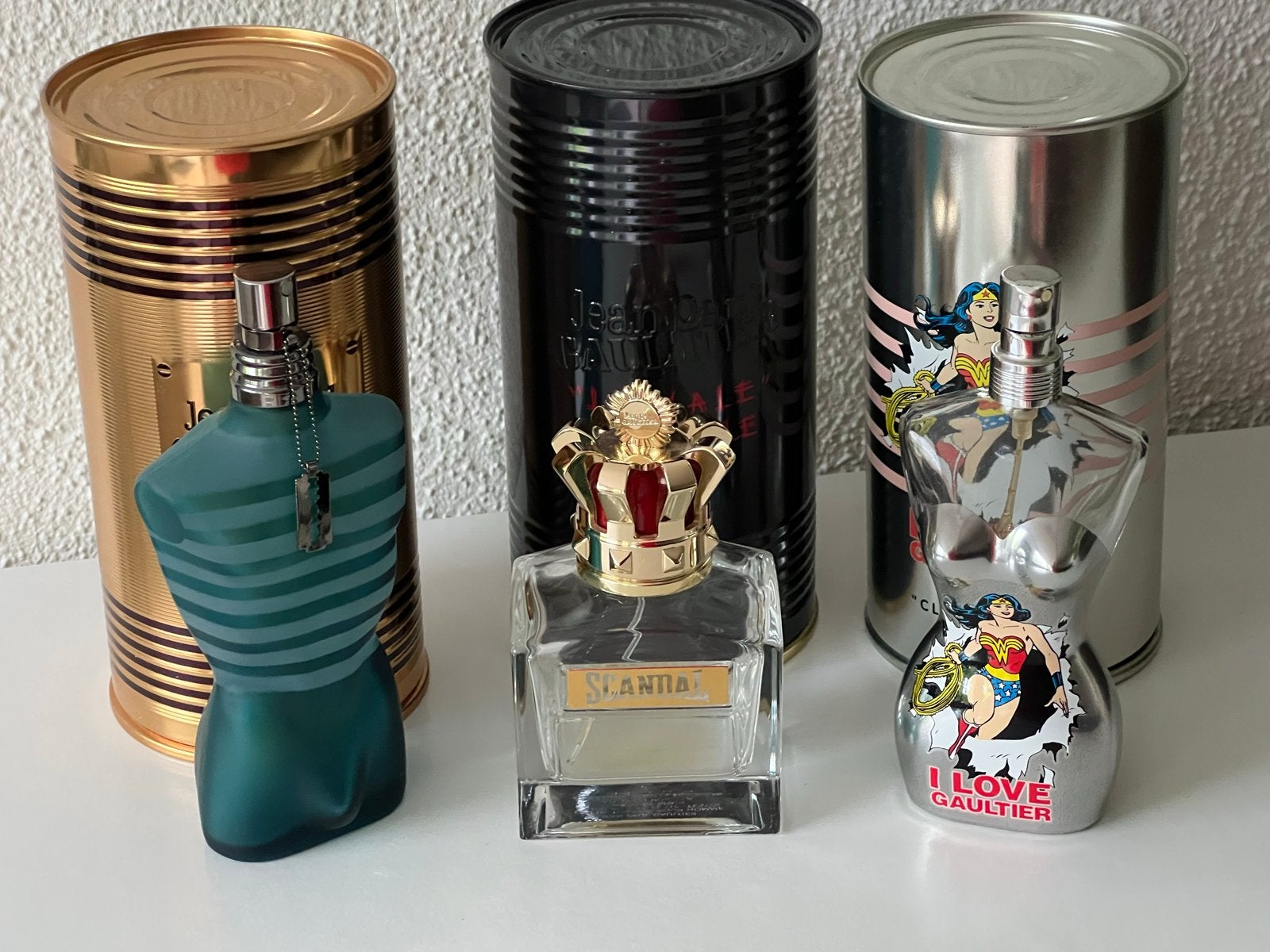 Jean Paul Gaultier 3 parfumflessen leeg en blikken, Ophalen of Verzenden, Gebruikt
