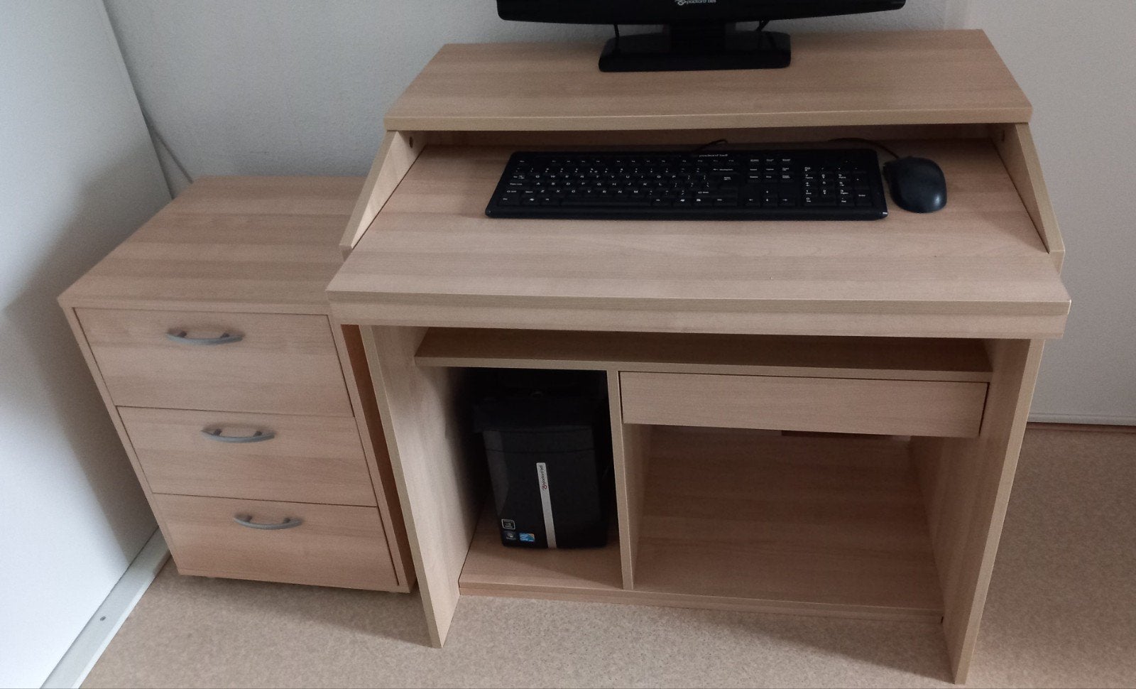Computerkast met ladekastje (houtkleur), Huis en Inrichting, Bureaus, Ophalen, Zo goed als nieuw