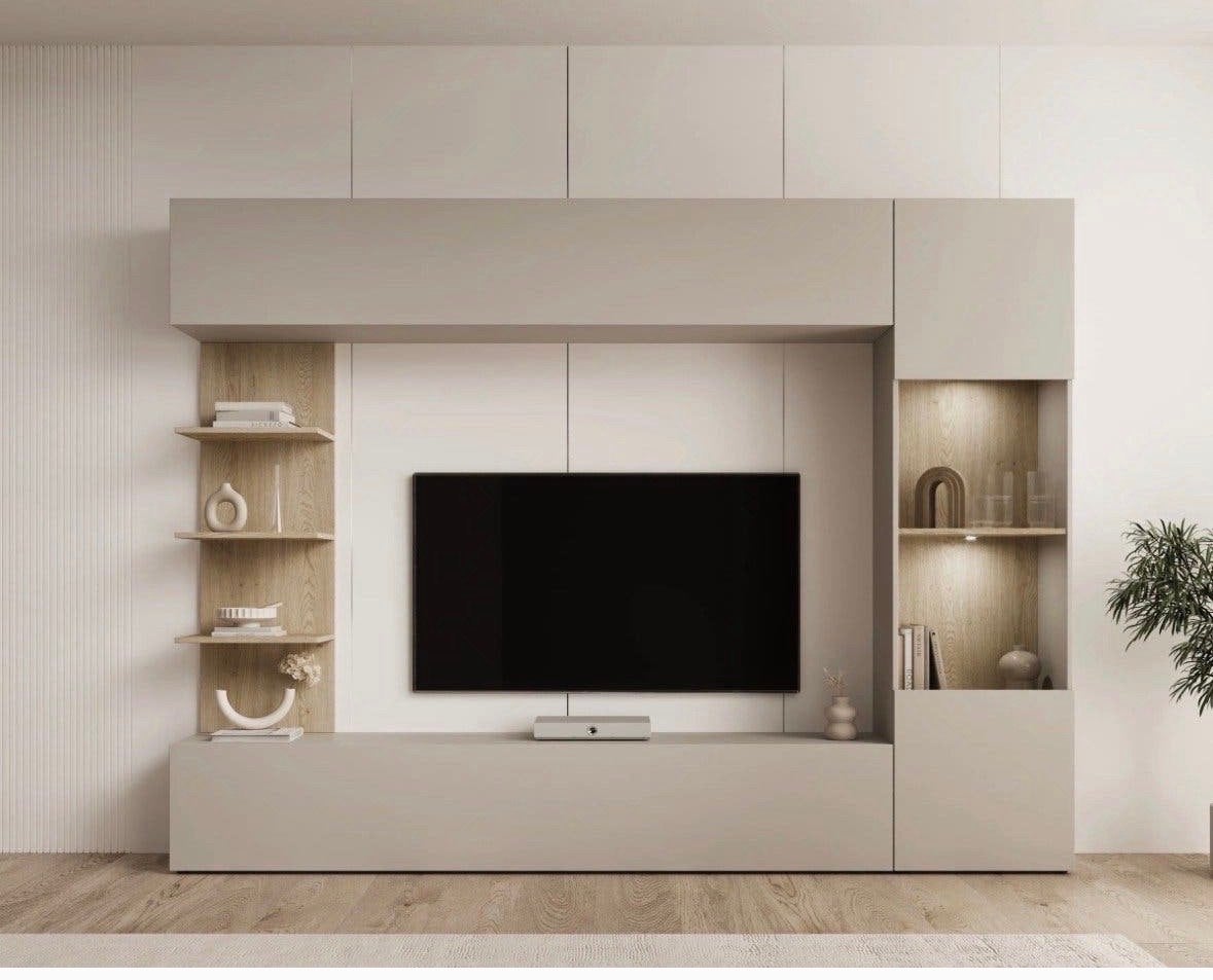 Meubella Wandmeubel - Beige/Eikenpatroon, Ophalen, Zo goed als nieuw, 150 tot 200 cm, 25 tot 50 cm
