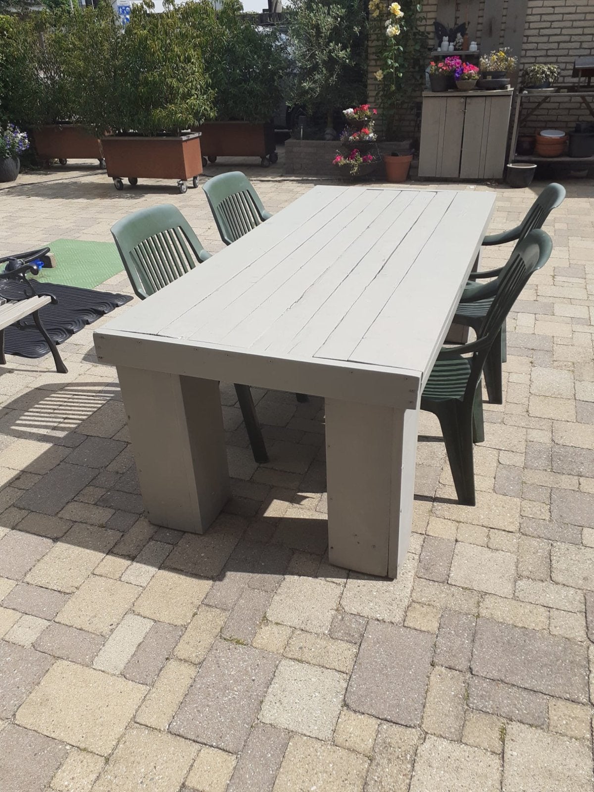 Stevige tuintafel, 210x100 cm, met gebruikssporen, Tuin en Terras, Tuintafels, Ophalen, Gebruikt, Rechthoekig, Hout