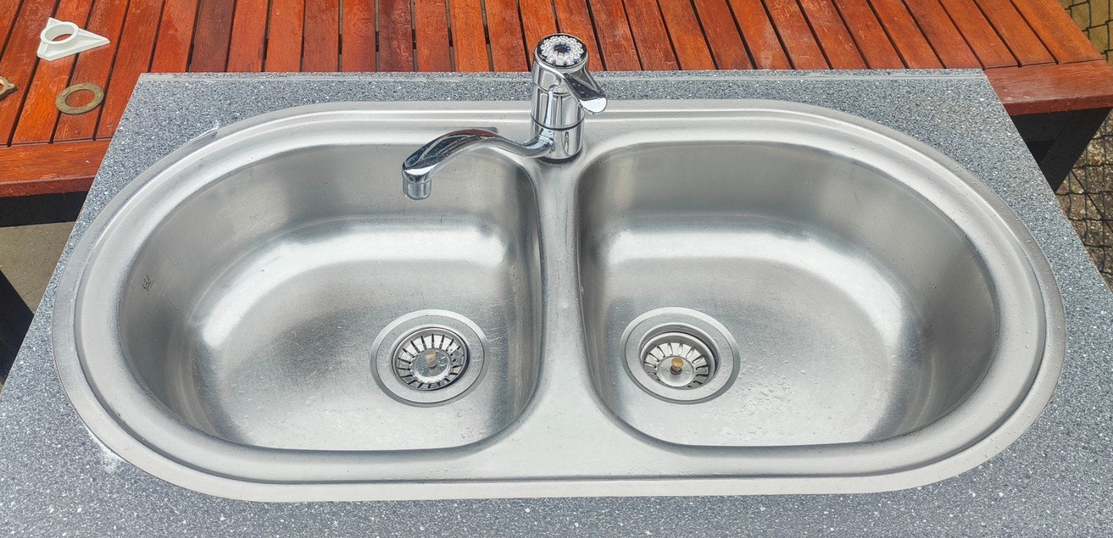 Dubbele Wasbak rvs Inclusief mengkraan Chroom Kraan spoelbak, Ophalen, Gebruikt, 100 tot 150 cm, Minder dan 100 cm